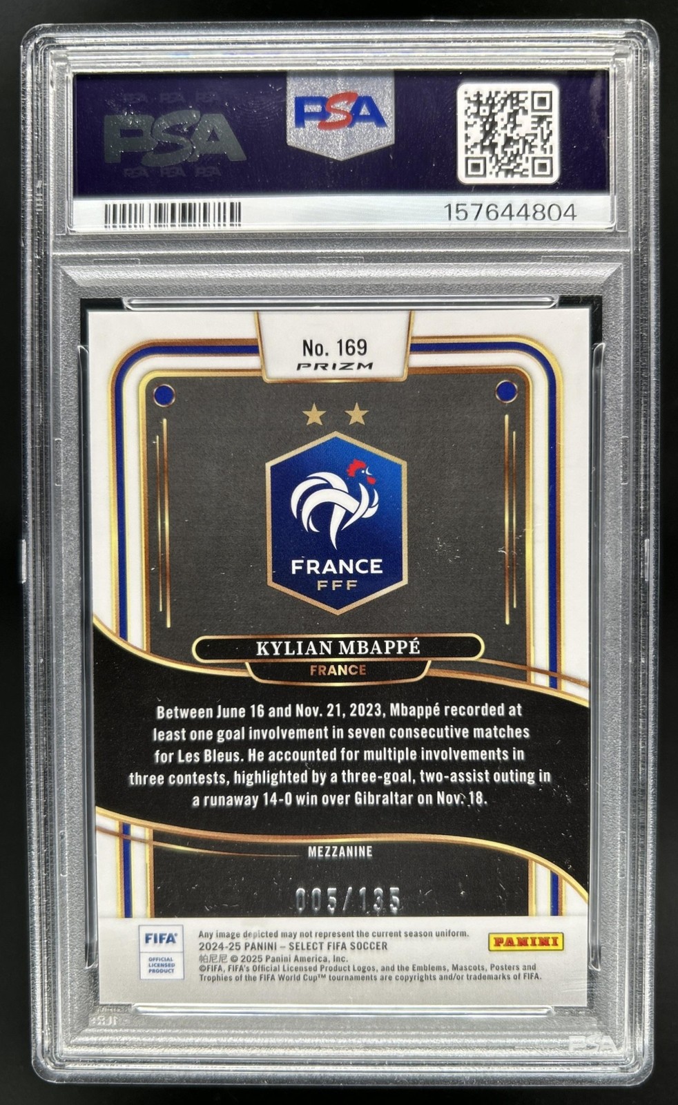 2024-25 Panini Select FIFA Kylian Mbappe Mezzanine Camo #/135 France PSA 9 view 2