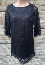 Ladies Wallis Black Lined Lace Long Sleeve Smart Shift Style Dress UK 14