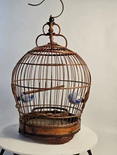 Vtg Asian Bamboo Wood Hanging Bird Cage W/2 Porcelain Feed Bowls Oval/Metal Hook