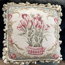Vintage French Aubusson Style Floral Tulips in Vase Needlepoint Pillow w/Tassels