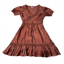 Heart & Heels Metallic Copper Brown Peasant Style Cottagecore Mini Dress, XS
