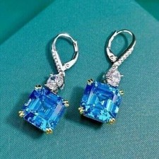 2CT Ascher Cut Lab-Created Blue Topaz Drop Dangle Earrings 14K White Gold Plated