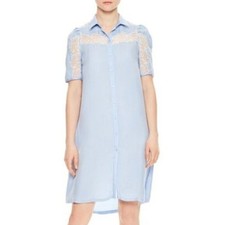 Sandro Paris Slade Lace Inset Button Down Shirt Dress in Blue sz 40