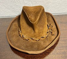 VTG Brown Full Leather Cowboy Hat Wide Brim Western Braided Trim Distressed