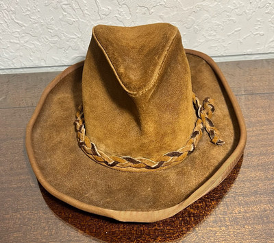 VTG Brown Full Leather Cowboy Hat Wide Brim Western Braided Trim Distressed