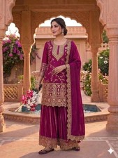Latest Stylish Chinon Silk Purple Top Palazzo With Dupatta For Wedding Wear