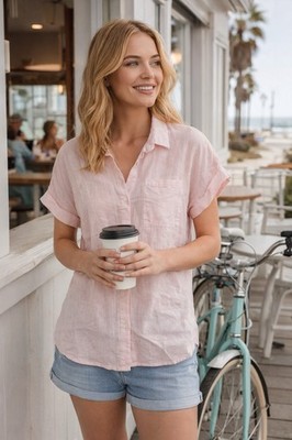 Philosophy Linen Shirt Pink Button Front Short Sleeve L Lightweight Coastal
