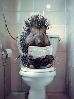 Skurriles Stachelschwein sitzend auf Toilette - Humorvolles Badezimmer Poster für Wanddeko