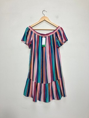 Papaya Kleid Damen 12 Mehrfarbig Schulterfrei Streifen Rüschensaum Viskose Sommer