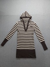 BCBGMAXAZRIA Women Sweater Dress S Brown Stripe Hoodie V Neck Knit Long Sleeve