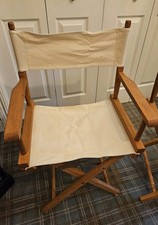 Wood Folding Directors Chair Beige Canvas Seat Medium Wood Tone
