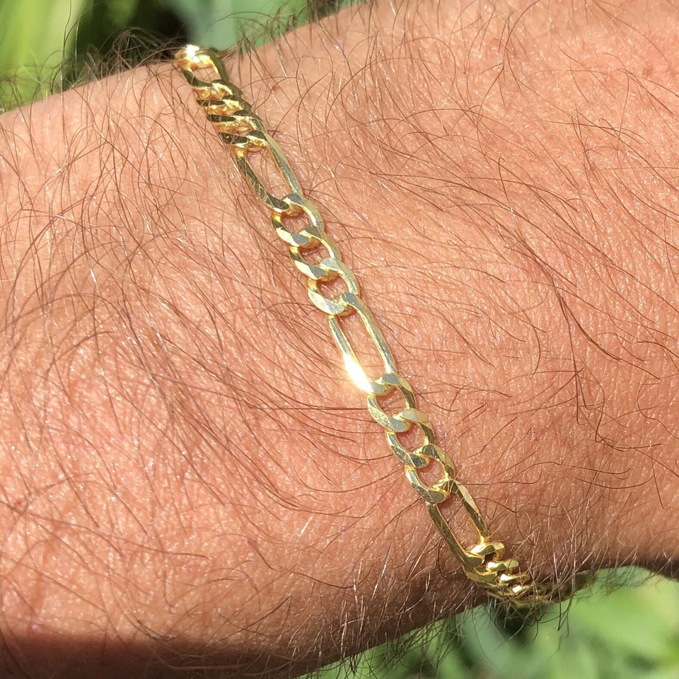 Solid 1/20 14K Yellow Gold Real Figaro Link Bracelet 3mm 7.5 Inch Mens Womens - Image 3 of 4