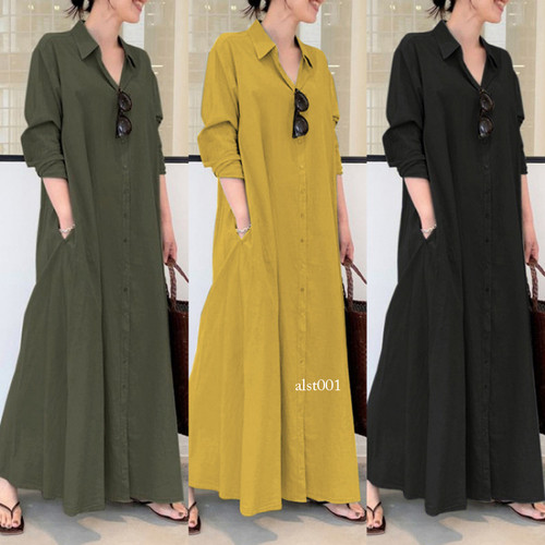 Maxi abito casual donna estivo manica lunga bottoni scollo a V tinta unita camicia a sacco vestito - Foto 3 di 30