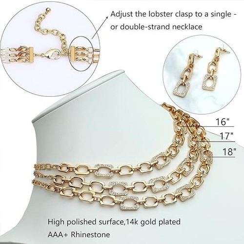 Gold & Strass kleines quadratisches Halskette & Ohrringe Modeschmuck Set, NEU - Bild 3 von 3