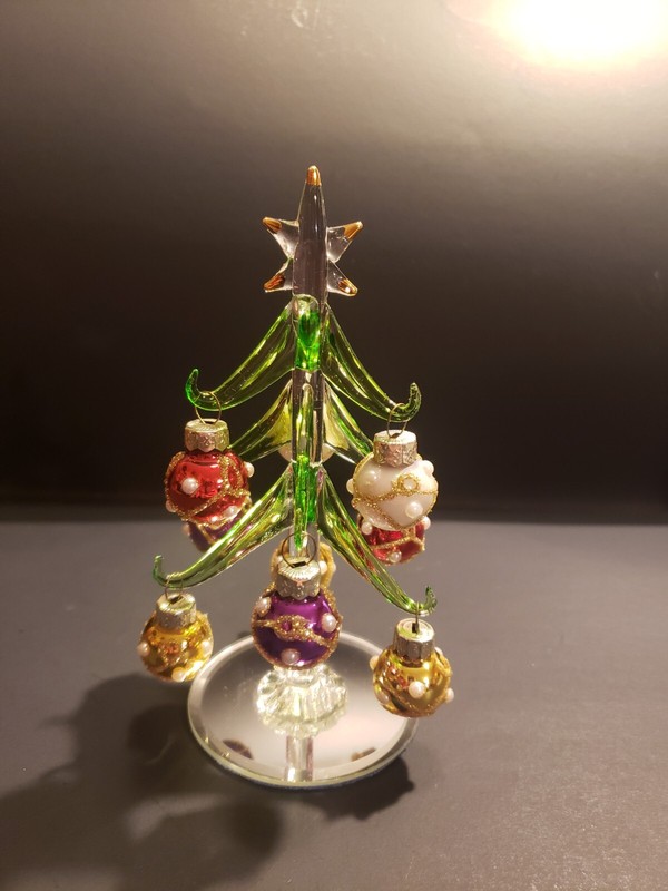 LS Arts Mini Glass Christmas Tree Figurine With Glitter And Pearl Balls , Mirror
