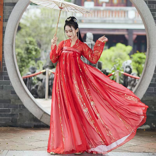 Red Women Hanfu Dress Folk Dance Stage Costumes Oriental Fairy Princess