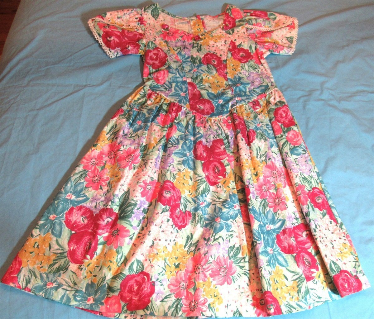 Vtg 80s 90s Somersaults Girls Sz 10 Drop Waist Garden Floral Dress Easter  Spring