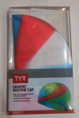 New TYR Junior Graphic Silicone Swim Cap Tie Dye Ages 10+ Blue Orange Pink White