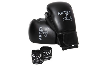 Boxhandschuhe Set mit Bandagen Mui Thai Kickbox ARTZT vitality Schwarz Vinyl