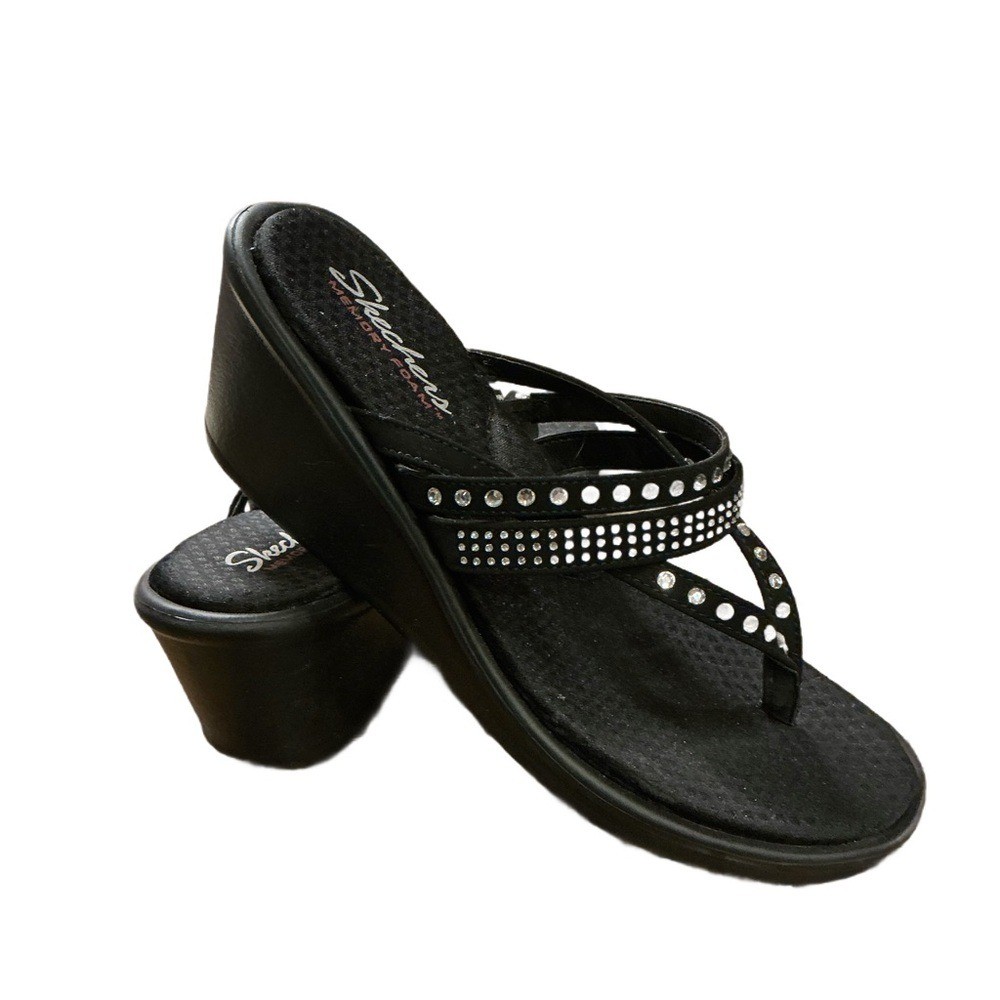 Skechers Women's Black Rhinestone Wedge Flip Flop Sandals Memory Foam Size 9