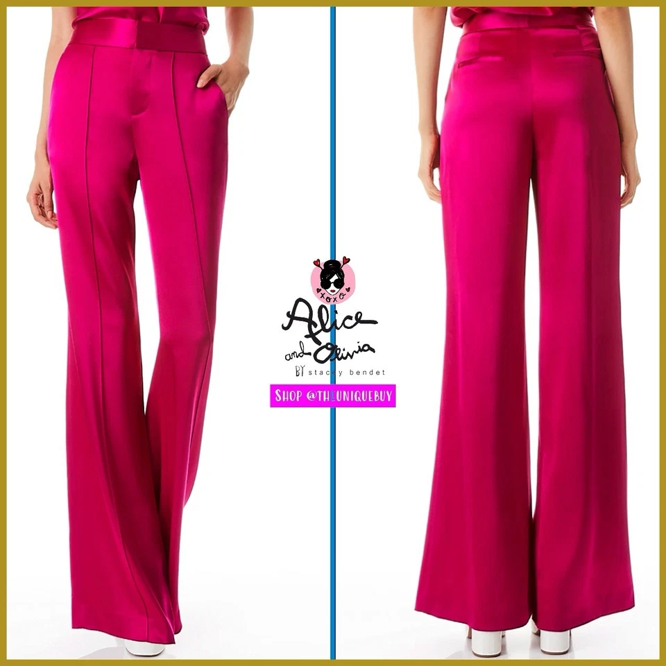 Pantalones de satén Alice + Olivia Dylan cintura alta rosa frambuesa pierna ancha TALLA 0