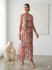 BB Dakota Steve Madden Floral Maxi Dress S Pink Orange Retro 70s Vibe Tiered Boh