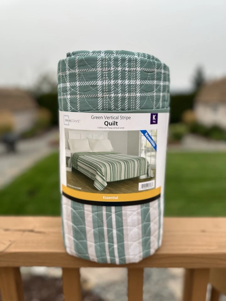 Edredón Mainstays King verde a rayas verticales reversible 104"x90" Foto 4 de 4
