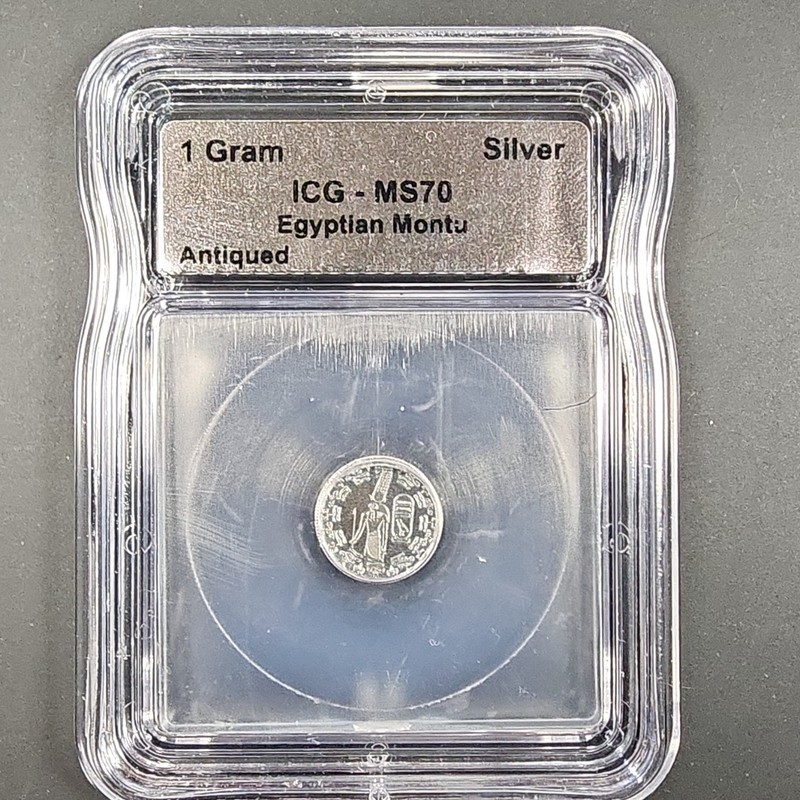ICG MS70 1 Gram Silver Egyptian Montu Antiqued Coin, One Gram Denomination