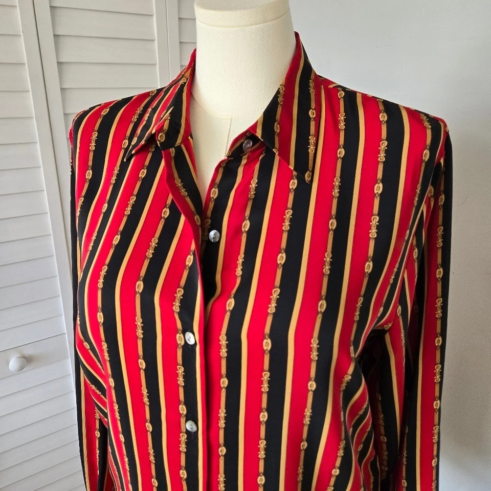 Blusa Talbots Estampado de Cadena Seda Abotonada Talla 16 De Colección Ecuestre Clásica Preppy Foto 2 de 4