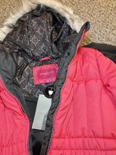 London Fog Puffer Hooded Jacket Girls Sz L 14/16 Faux Fur Trim Pink W/Hat