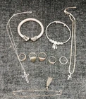 Job Lot Of Silver 5 Rings 2 Bangles Chains Cross Pendants Anklet 70g   U1S5