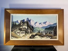 Quadro Antico Paesaggio Di Montagna – Legno Lavorato IN Rilievo – Chalet Alpino