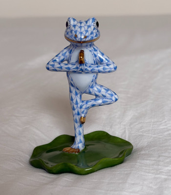 HEREND YOGA FROG IN TREE POSE PORCELAIN FIGURINE, LIGHT BLUE