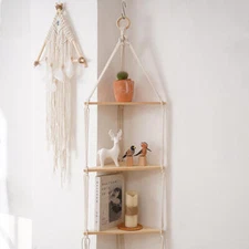 Wall Hanging Plant Floating Shelves Boho Cotton Rope Woven Wood Shelf Home Decor