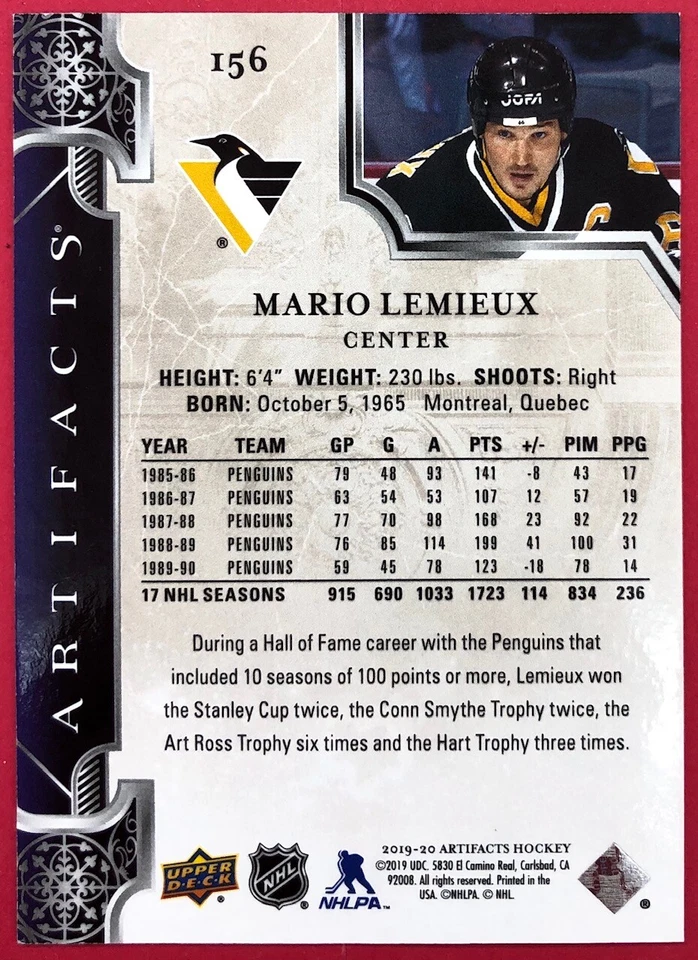 2019-20 Artifacts Mario Lemieux 010/399 Ruby #156 LEGENDS Pittsburgh Penguins - Image 2 of 2