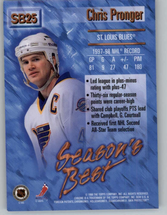 1998-99 O-Pee-Chee Chrome Season's Best #SB25 Chris Pronger (ref 161892) - Image 2 of 2