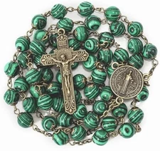 Natural Malachite Stone Rosary Beads Necklace St. Benedict Cross and Medal