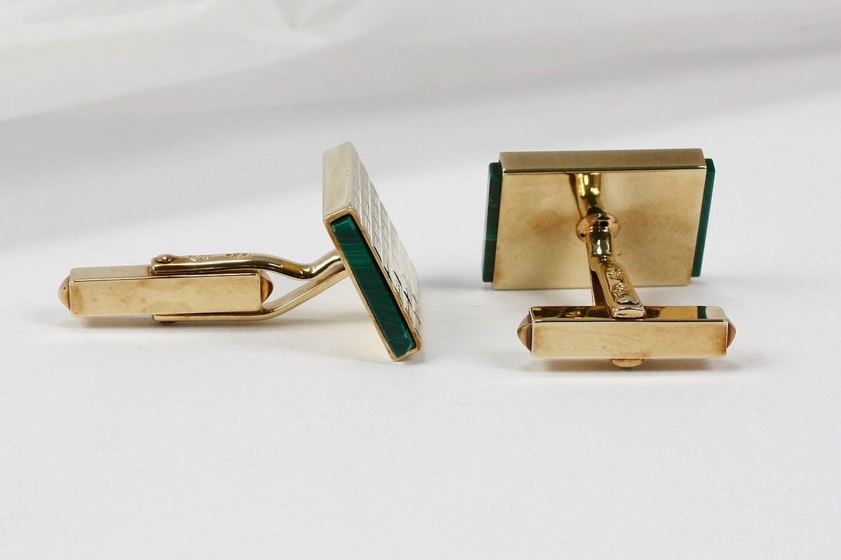 Boutons De Manchette Vintage Homme - Malachite Et Or 14 Carats - Barre De Manchette Occasion