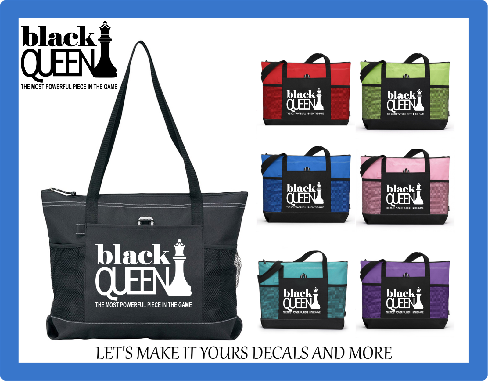 BLACK QUEEN MOST POWERFUL PIECE GAME CHESS INSPIRED TOTE PURSE SPORTS GYM BAG