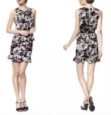 Kate Young Dress 16 Black Ivory Gray Floral Peplum Sheath Washable Faux Silk