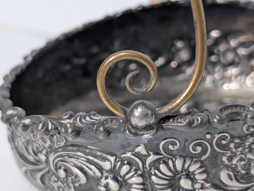 Antique Art Nouveau Silver Plated Footed Bowl w/Handle Floral Design - Thumbnail 2