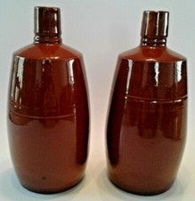 Antique Brown Glaze Stoneware Beer or Wine Bottles Jars Set of 2 Decor 9" Tall