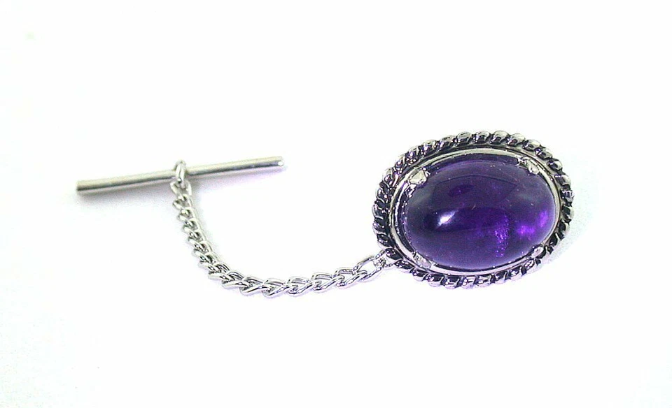 RICH COLOR AMETHYST 14x10 OVAL GEM CABOCHON  SILVER COLOR PRONG TIE TACK EPTT407 - Image 2 of 2