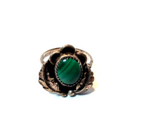 Southwestern Sterling Silver with Green Malachite Ornate Leaf Design Ring Sz 5