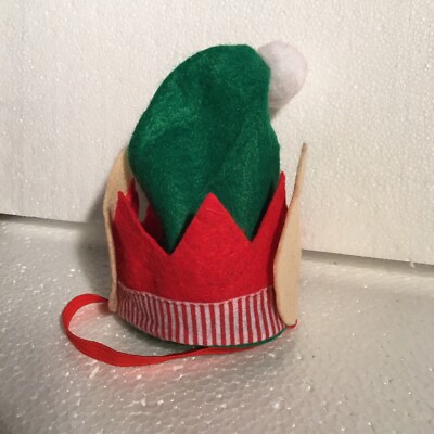 Christmas Holiday Pet Outfit - Elf Ears & Hat with Pom, Elastic Strap, Red/Green
