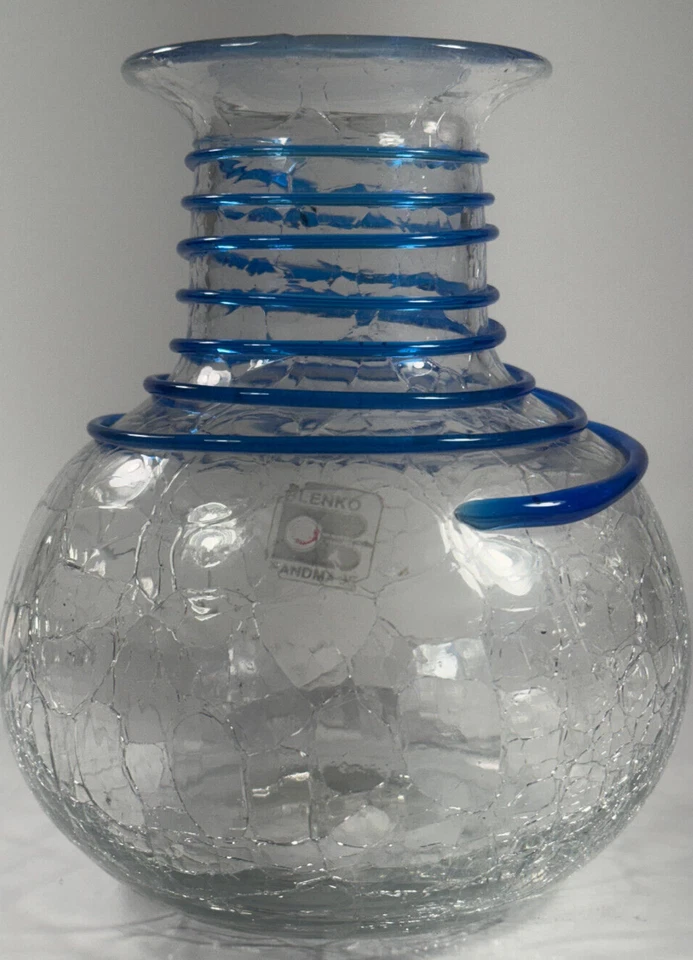 Juego de jarrones de vidrio Blenko azul espiral claro flor craquelada vintage hechos a mano 7 pulgadas Foto 4 de 4