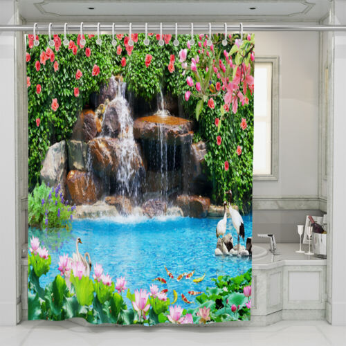 Waterfall Shower Curtain Tropical Nature Landscape Scene Fabric Bath Curtain - Picture 1 of 15