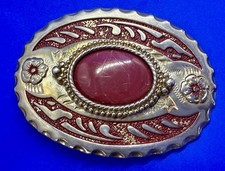 Reddish Purple Stone Centerpiece Cabochon Cab on Gold Tone Western Belt Buckle