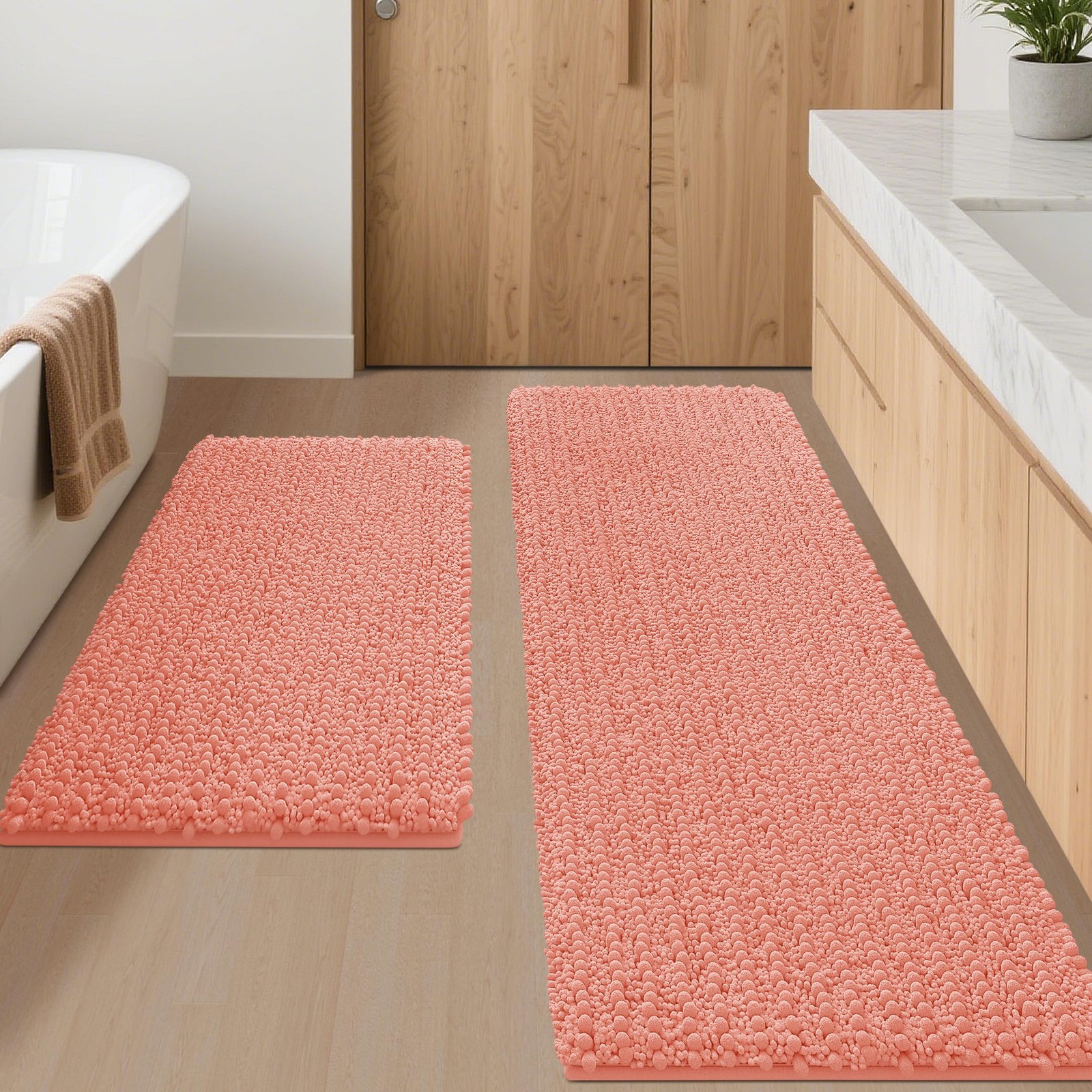 ACCUMTEK Luxury 2-Piece Coral Chenille Bathroom Rug Set 60"x20" + 32"x20"
