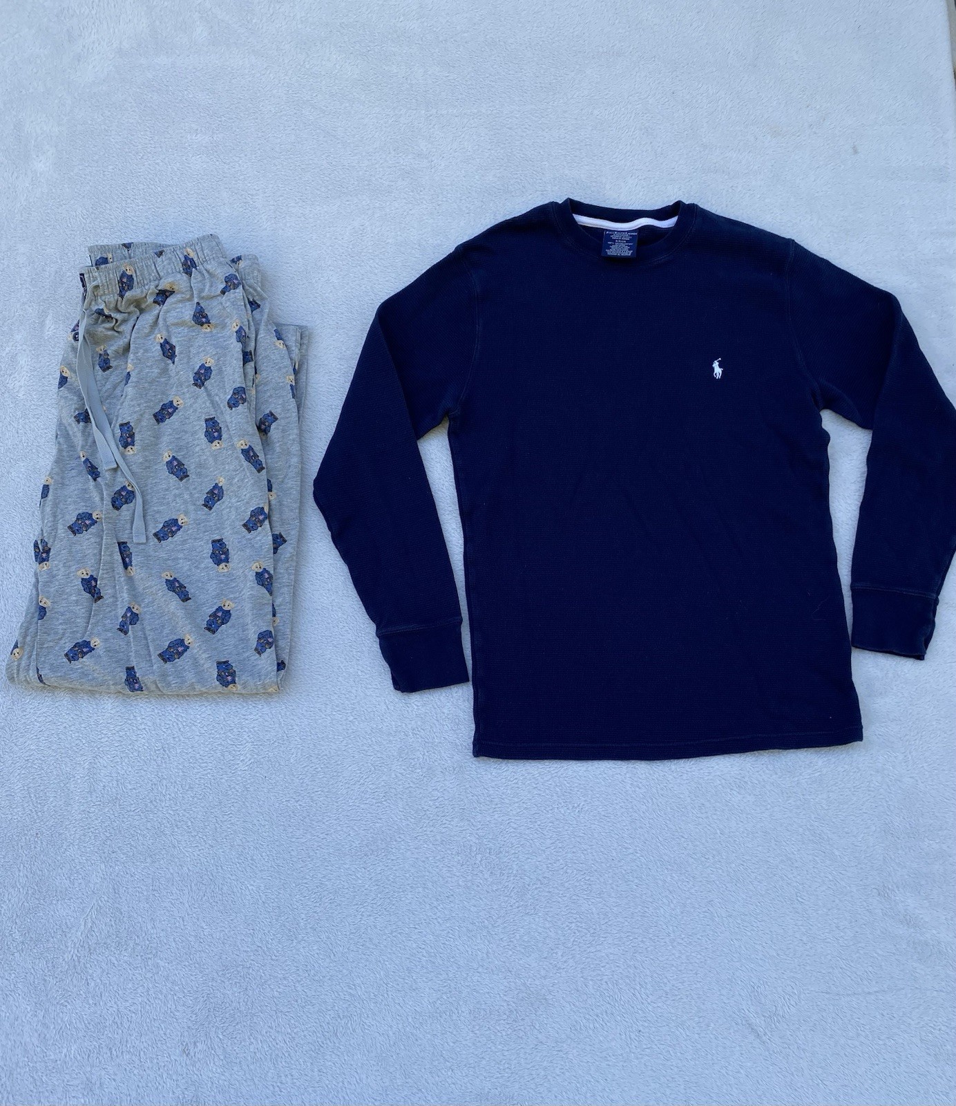 Mens Polo Ralph Lauren Bear Pajama Pants Navy Gray Waffle Knit Top Sleepwear S/M